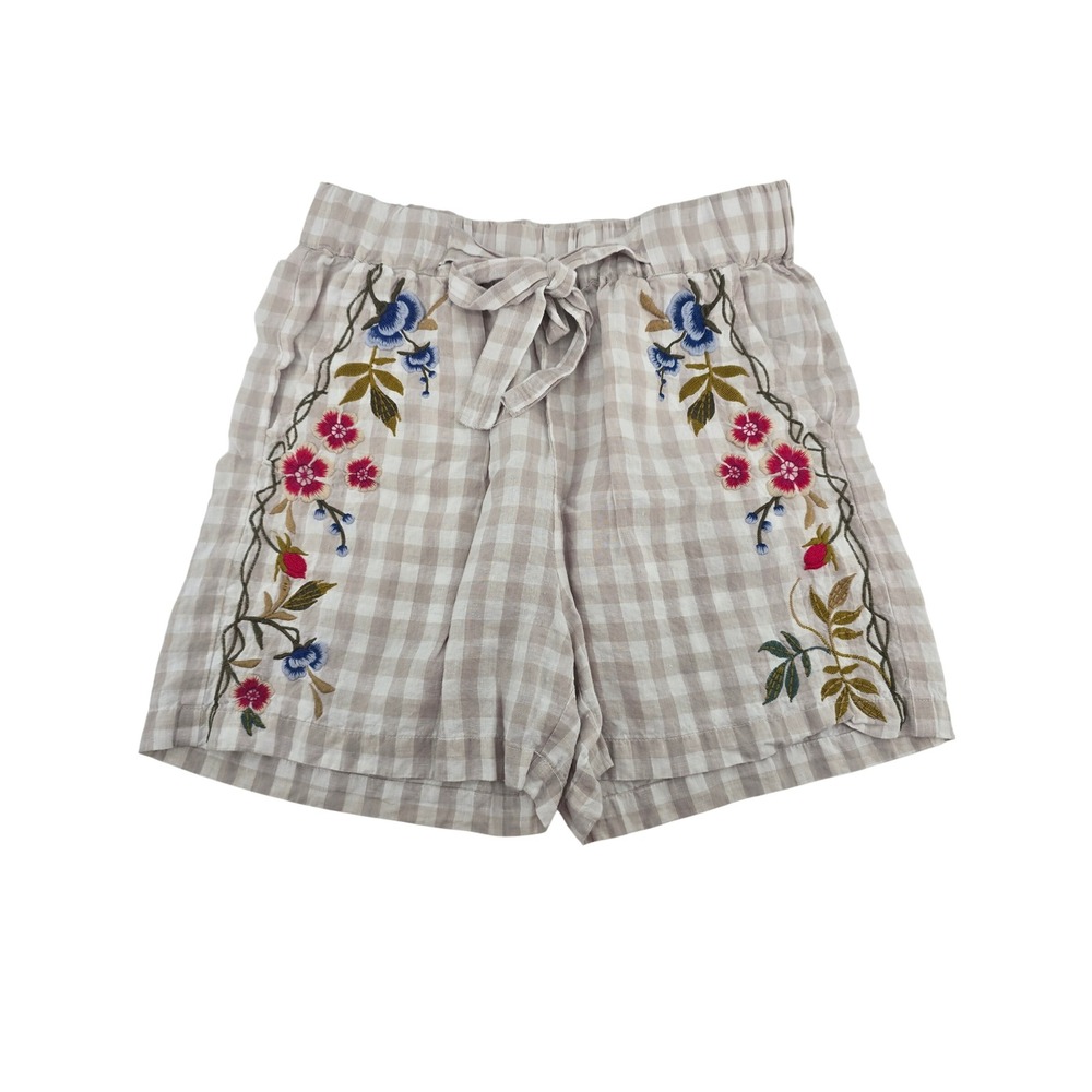 Johnny Was Shorts Womens XS Linen Gingham Floral Embroidered Beige EUC